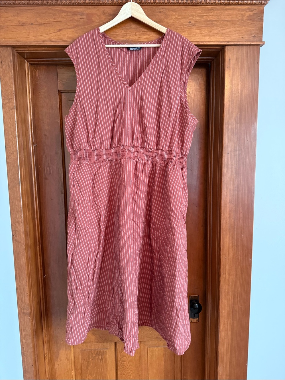 BloomChic Rust Red Pinstripe Sleeveless V-Neck Dress
